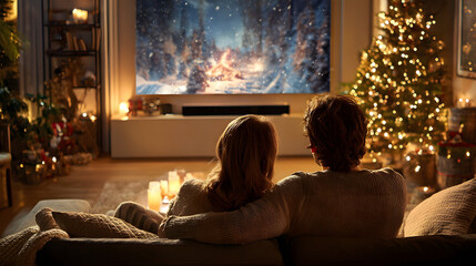 Cozy couple enjoys snowy scenery on television in a room illuminated by a Christmas tree and candles. Warm and festive winter holiday scene.