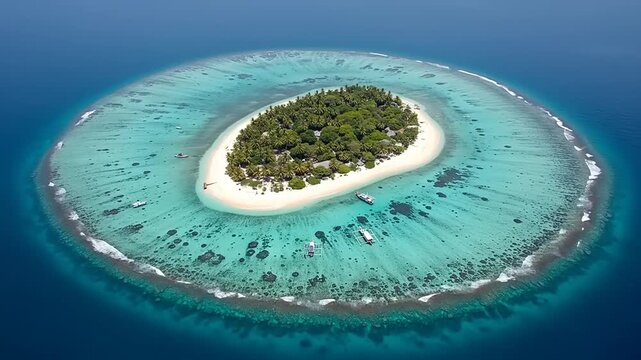 Aerial view of a tropical island surrounded by vibrant turquoise waters and coral reefs