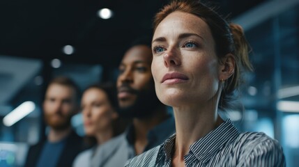 Obraz premium A team of diverse professionals in a futuristic office, a scene of collaborative ai creativity.