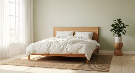 Minimalist Scandinavian Bedroom Interior Design with a Simple Wooden Bed Frame, White Linens, Natural Jute Rug, Potted Ficus Plant, and Soft Sage Green Wall Color
