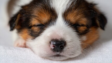 Close up adorable tricolored Welsh corgi puppy sleep on a white soft blanket in studio. Sleep well and tight. Comfort and care for young animals and pets. Vet treatment and control. Copy space