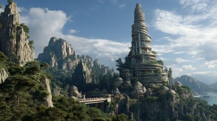 A towering structure with a spiral design, a scene of a Whisper-spire and an Echo-construct.