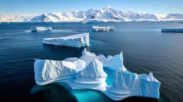 Stunning icebergs float majestically in calm waters, surrounded by a breathtaking backdrop of snow-covered mountains under a clear blue sky in a polar region