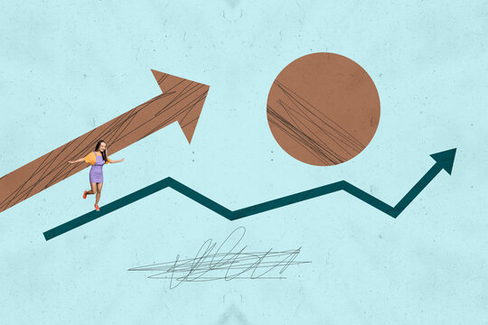 Collage with person observing rising arrow symbolizing startup growth business income statistics trading decrease increase