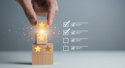 Customer feedback and rating system with star icons and checklist