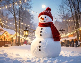 Obraz premium Snowy snowman in festive Christmas market at night