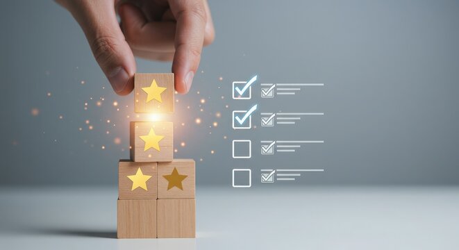Customer feedback and rating system with star icons and checklist