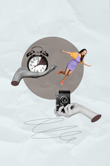 Collage of joyful people dancing near clock representing fun time excitement weekend freedom social celebration