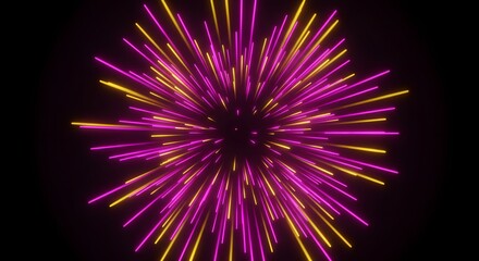 Abstract neon light explosion with vibrant pink and yellow lines radiating outwards on a dark background, creating a dynamic starburst effect.