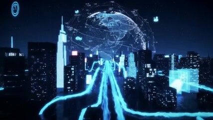 Futuristic cityscape with a glowing world map overlay and digital data streams conveying global connectivity and cutting-edge technology solutions - Powered by Adobe