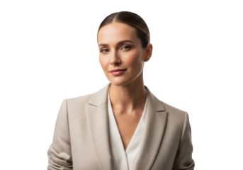 Professional businesswoman portrait, headshot of elegant female executive in suit, confident and stylish isolated on transparent background