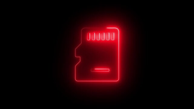 Red neon micro S D card icon glowing on black background digital storage technology concept data saving memory card symbol abstract futuristic technology graphic