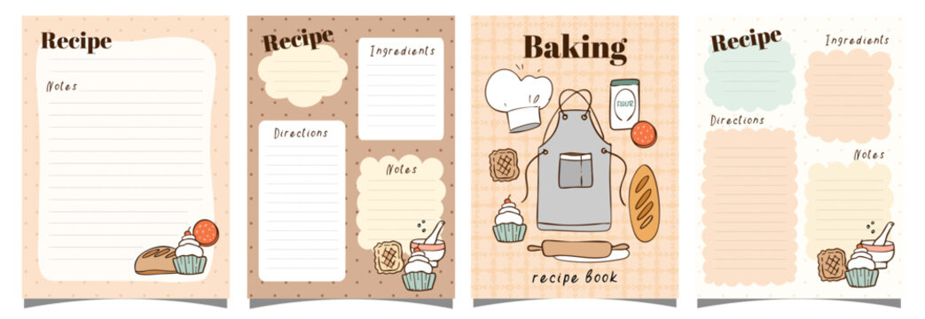 baking vertical recipe book set of cards, blanks, reminder, hand drawn, doodle, cooking, vector illustration