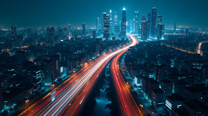 Obraz premium Futuristic Smart City at Night with Highway Light Trails