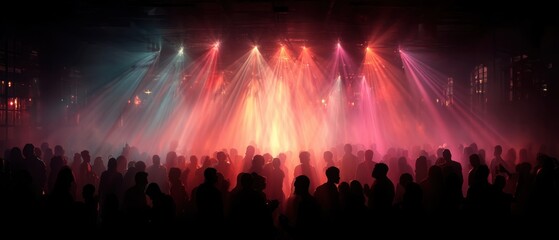 A vibrant concert scene with colorful lights illuminating a crowd of silhouettes. The atmosphere is energetic and lively, capturing the essence of live music events.