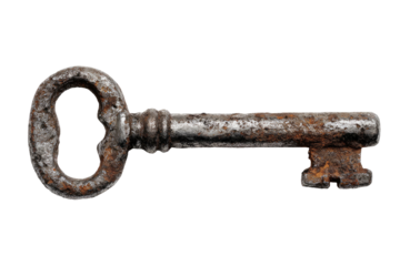 A detailed, macro image of an old, rusty, and worn iron key, against a stark black background
