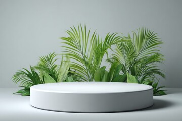 Obraz premium A white product display stand surrounded by lush, green tropical foliage against a light background