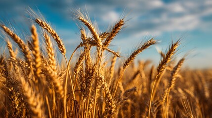 Fototapeta premium Golden wheat stalks, illuminated by sunlight, stand tall against a soft blue sky with wispy clouds, creating a serene and natural landscape filled with warm colors, depicting harvest season with...
