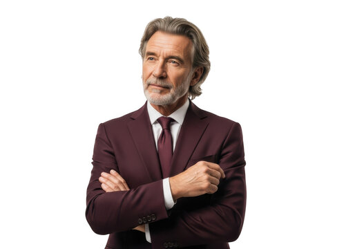 Confident senior businessman with gray hair in burgundy suit posing with arms crossed professional portrait isolated on transparent background