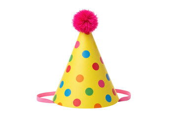 Yellow party hat with colorful polka dots and pink pompom isolated, festive celebration accessory for birthday or special event PNG