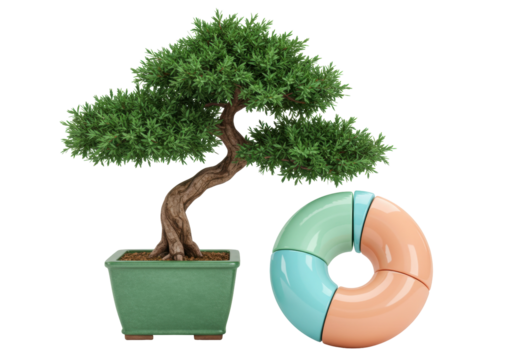 Bonsai tree in green pot isolated on transparent background, with colorful donut chart for business and finance concepts PNG - Powered by Adobe