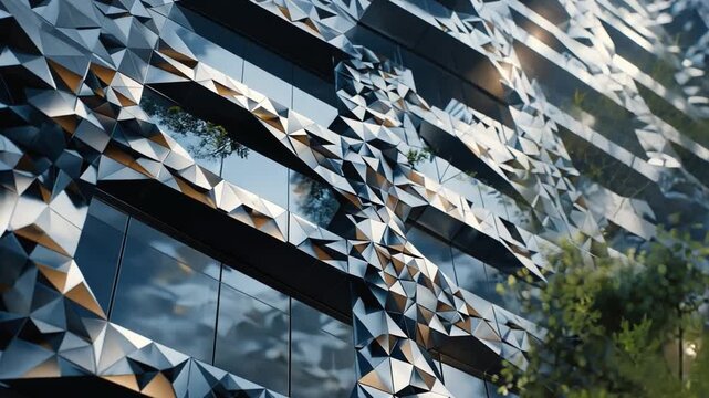 A building with an intricate and dynamic facade, a scene of a parametric facade and kinetic architecture.