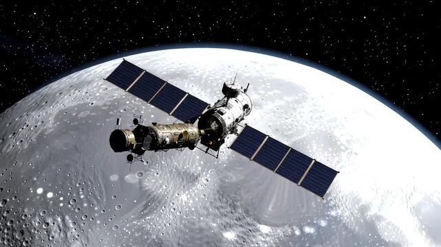 Space station module with extended solar panels silently orbiting above the moon's cratered surface against a backdrop of deep black outer space in high-resolution detail