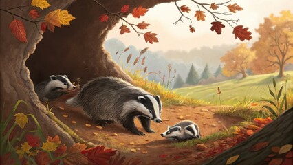 Illustration of Badgers Near Den in Autumn Landscape