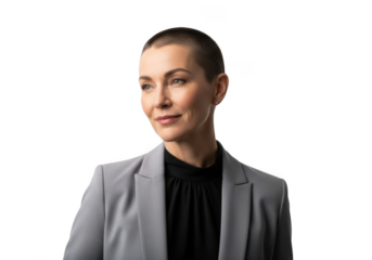 Professional businesswoman portrait headshot bald hairstyle elegant corporate attire png image isolated on transparent background