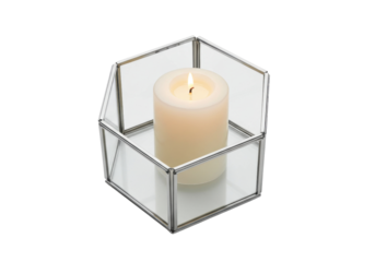 Burning candle in glass geometric terrarium isolated on transparent background, decorative element for home decor and special occasions