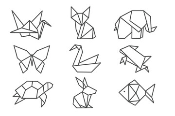 Origami Animal Icons. Line style icons of origami animals: paper crane, origami fox, folded elephant, paper butterfly, swan shape,