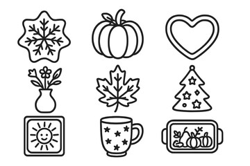 Seasonal Ceramic Icons. Line style icons of seasonal ceramic decor: snowflake dish, pumpkin jar, heart-shaped bowl, spring flower
