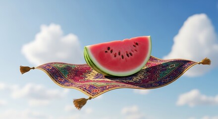Watermelon Slice on a Magic Carpet - A Whimsical Flight.