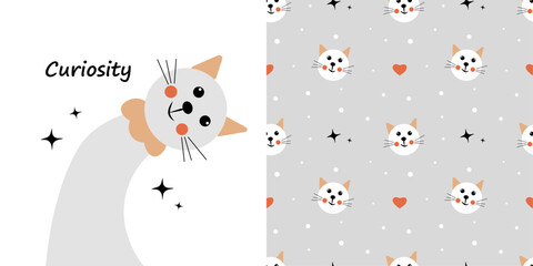 Curious cat on a white background. Seamless Baby Pattern with Cats on Gray Background