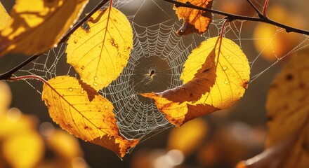 A tiny spider waits patiently in its intricate web, covered in tiny dew drops, strung between golden autumn leaves backlit by warm sunlight on a beautiful, crisp fall morning