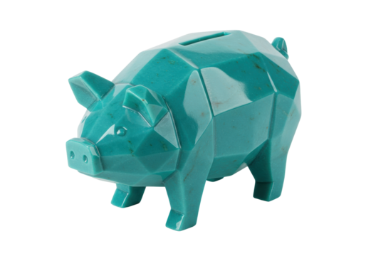 Geometric teal piggy bank isolated, polygonal pig money box for savings and financial concept, on transparent background