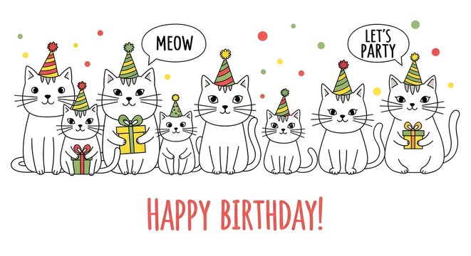 Cute cartoon cats wearing party hats and holding gifts, wishing happy birthday, isolated on white background