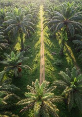 Lush Green Palm Tree Plantation with Dirt Paths in Bright Sunlight