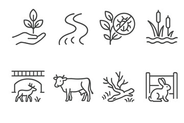 Fototapeta premium Rewilding Icons. Line style icons of rewilding interventions: tree planting, river re-meandering, invasive species removal,
