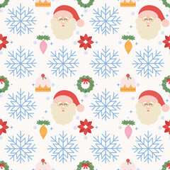  Christmas seamless pattern. Festive background with a Christmas wreath, Santa, a Christmas tree ornament, and snowflakes. Vector illustration.