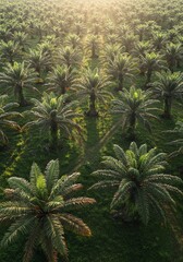Lush Green Palm Trees in Sunlit Plantation with Dense Foliage and Vibrant Atmosphere