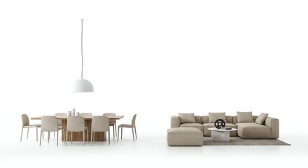 Minimalist White Open Living and Dining Room with Modern Furniture