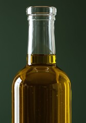 Clear Glass Bottle Filled with Golden Oil on Dark Green Background