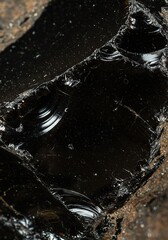 Close Up of Black Oil in Cracked Earth with Reflective Surface and Dust Particles