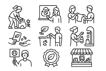 Zero-Waste Community Icons. Line style icons of zero-waste community actions: clean-up event, zero-waste workshop, clothing swap,