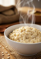 Hot Steaming Oatmeal in White Bowl on Wooden Surface with Scattered Oats