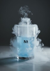Chemical Element Nitrogen in Beaker with Blue Liquid and Vapor on Dark Background