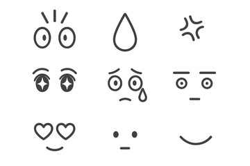 Anime Emotion Icons. Line style icons of anime expressions and emotions: surprise lines, tear drop, angry vein, sparkle eyes,