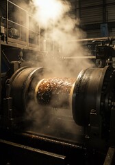 Industrial Metal Rolling Machine Manufacturing Process in Factory with Sparks and Smoke