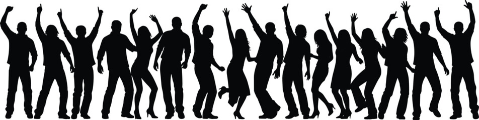 Silhouette people dancing, party crowd celebration, energetic poses, festive movement, black figures, joyful dance, concert vibe, social gathering, vector illustration
